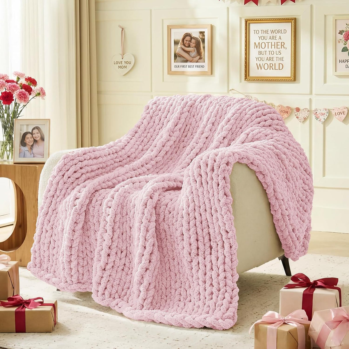 Baby Pink Chunky Chenille Yarn for Hand Knitting,Thick Bulky Mom Blanket Yarn for Crocheting,Soft Fluffy Yarn for Mother’s Day Gifts and Crafts for Women/Grandma,8 Pack (29.5Yds/8.4oz Each)