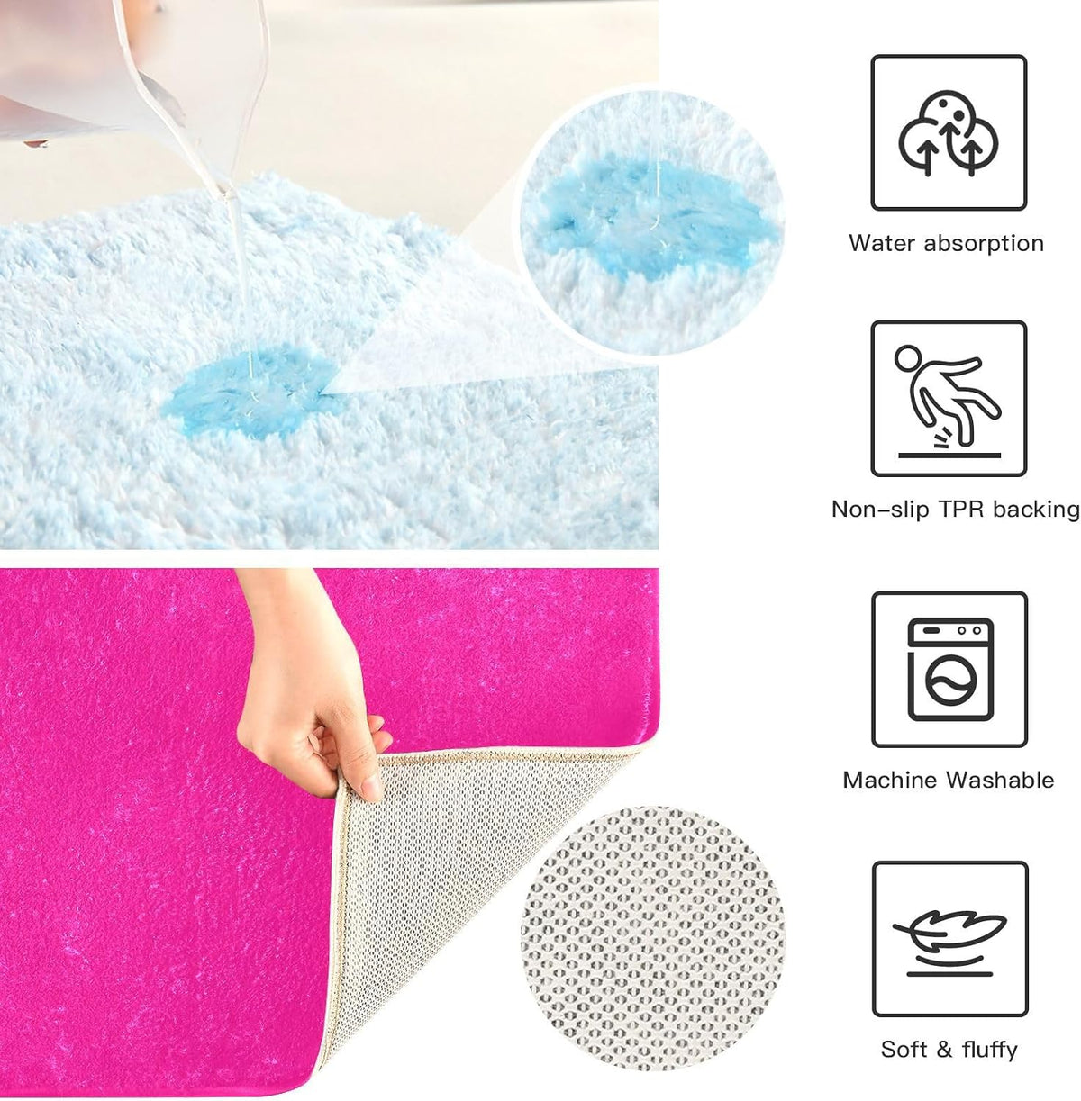 Plain Deep Pink Solid Color Bathroom Rugs, Non Slip Dry Quickly Bath Mat, Absorbent Soft Bath Rugs for Bathroom, Toilet and Shower Floor