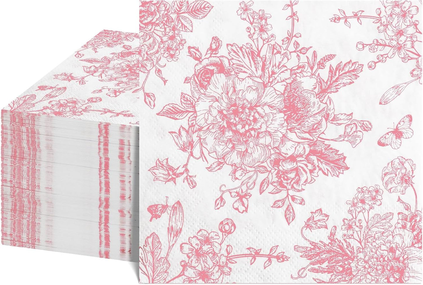 100 Pcs Pink Floral Napkins, Pink and White Toile Cocktail Napkin Vintage Flower Butterfly Design Decoupage Napkin for Girls Birthday, Wedding, Bridal Baby Shower, Tea Party