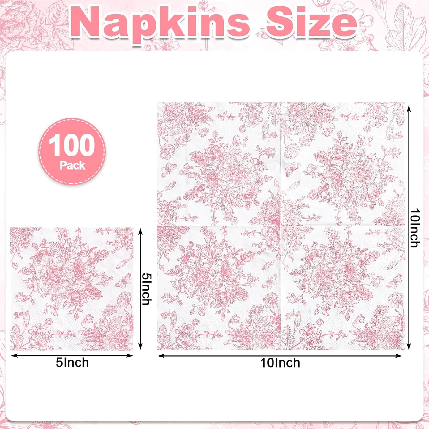 100 Pcs Pink Floral Napkins, Pink and White Toile Cocktail Napkin Vintage Flower Butterfly Design Decoupage Napkin for Girls Birthday, Wedding, Bridal Baby Shower, Tea Party