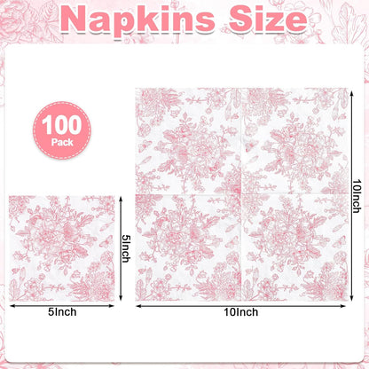 100 Pcs Pink Floral Napkins, Pink and White Toile Cocktail Napkin Vintage Flower Butterfly Design Decoupage Napkin for Girls Birthday, Wedding, Bridal Baby Shower, Tea Party