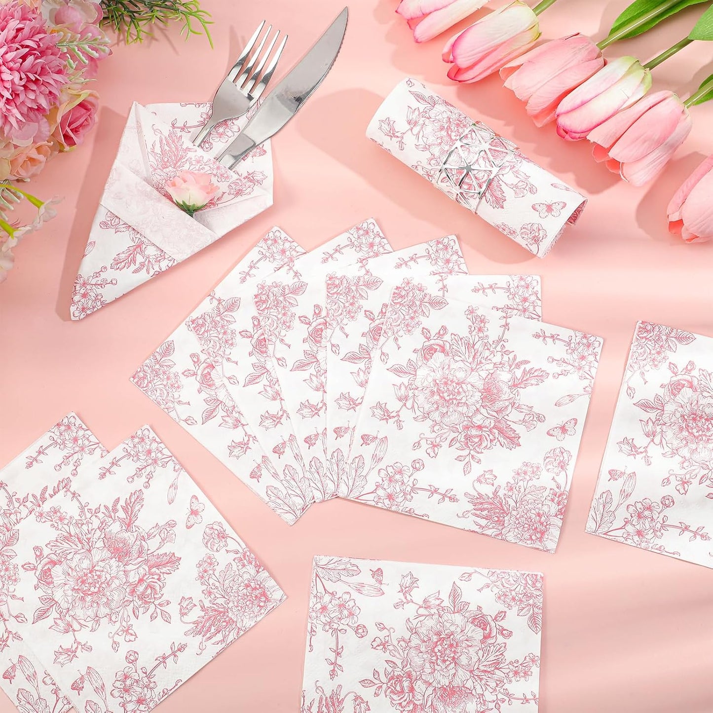 100 Pcs Pink Floral Napkins, Pink and White Toile Cocktail Napkin Vintage Flower Butterfly Design Decoupage Napkin for Girls Birthday, Wedding, Bridal Baby Shower, Tea Party