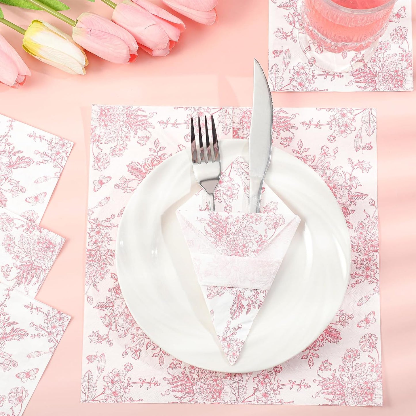 100 Pcs Pink Floral Napkins, Pink and White Toile Cocktail Napkin Vintage Flower Butterfly Design Decoupage Napkin for Girls Birthday, Wedding, Bridal Baby Shower, Tea Party