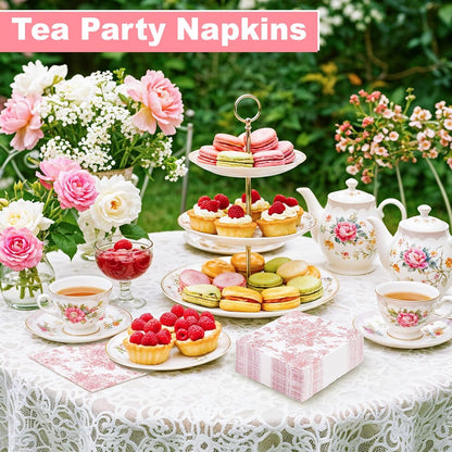 100 Pcs Pink Floral Napkins, Pink and White Toile Cocktail Napkin Vintage Flower Butterfly Design Decoupage Napkin for Girls Birthday, Wedding, Bridal Baby Shower, Tea Party