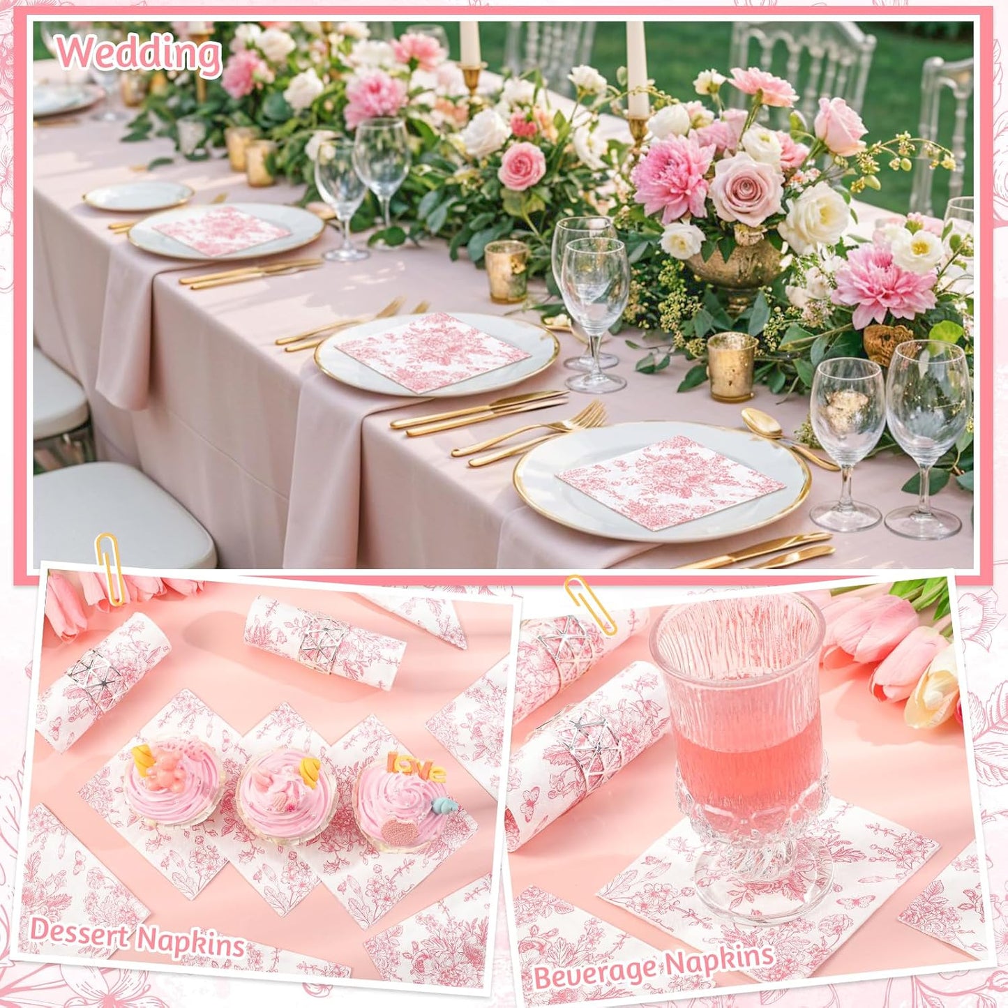 100 Pcs Pink Floral Napkins, Pink and White Toile Cocktail Napkin Vintage Flower Butterfly Design Decoupage Napkin for Girls Birthday, Wedding, Bridal Baby Shower, Tea Party