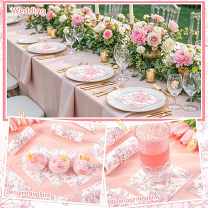 100 Pcs Pink Floral Napkins, Pink and White Toile Cocktail Napkin Vintage Flower Butterfly Design Decoupage Napkin for Girls Birthday, Wedding, Bridal Baby Shower, Tea Party