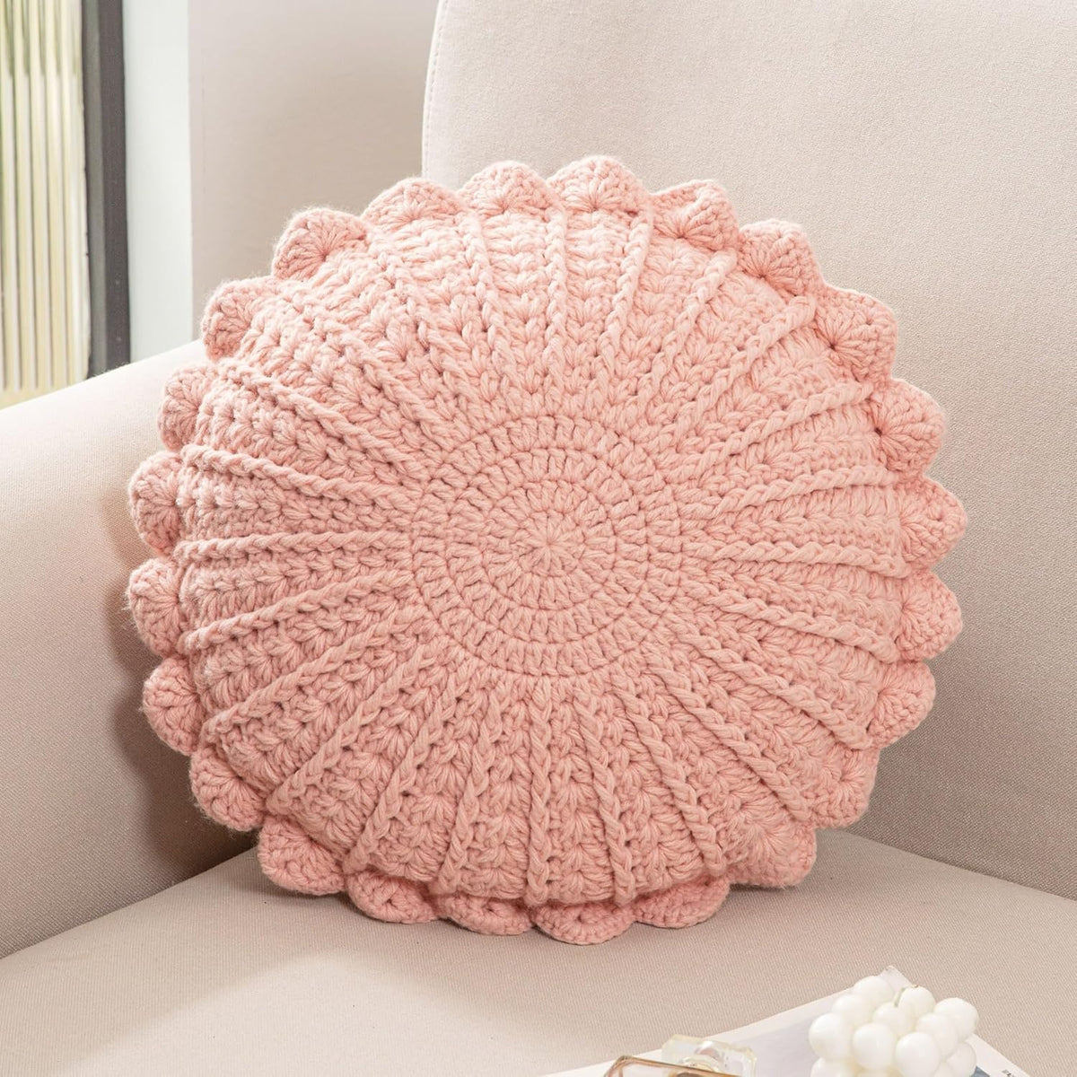 Knitted Throw Pillow Round Couch Pillow (Pink, 18inch)