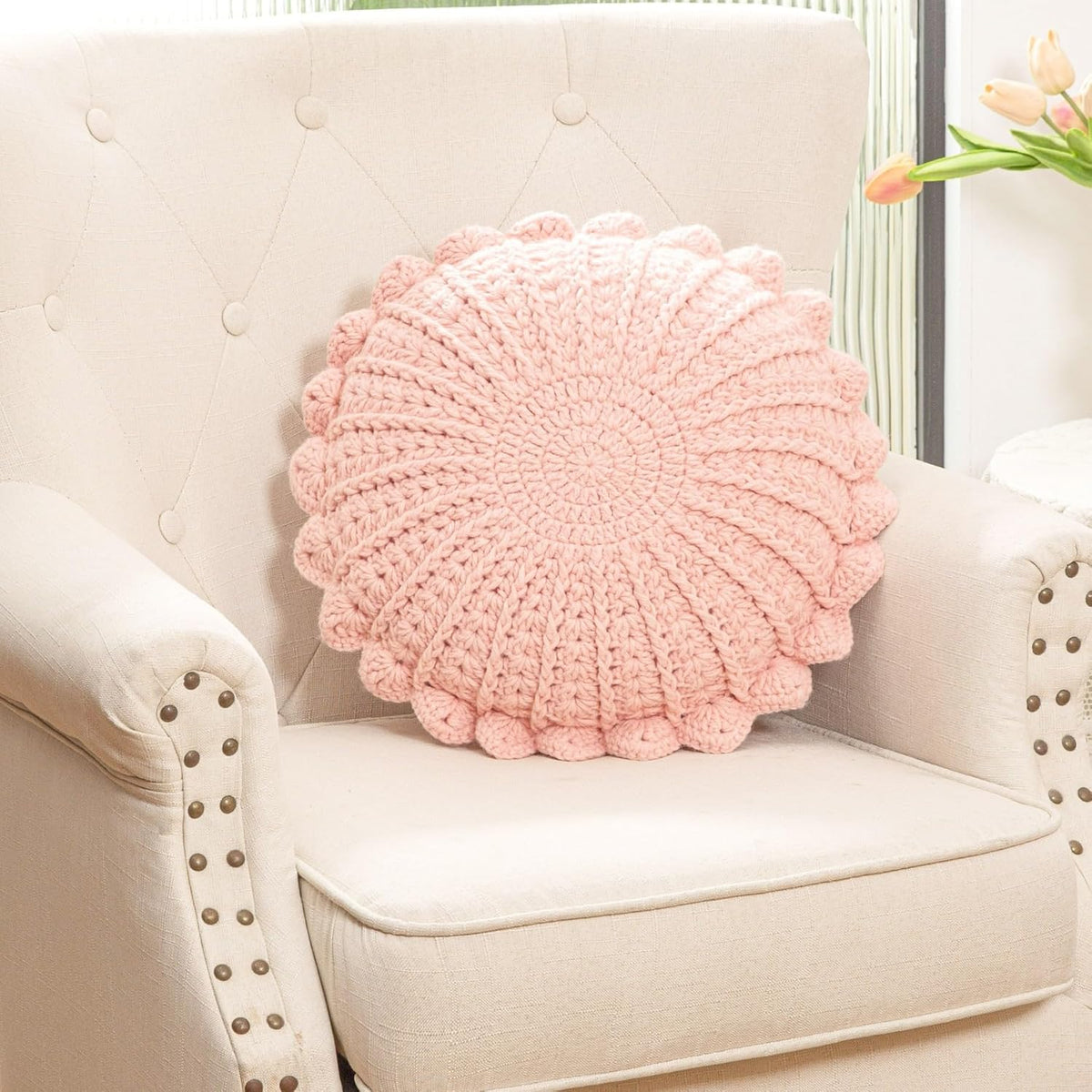 Knitted Throw Pillow Round Couch Pillow (Pink, 18inch)