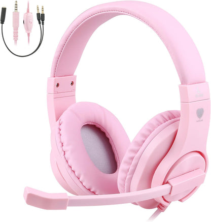 Kids Headphones for Online School, Children, Teens, Boys, Girls, 3.5mm Stereo Over-Ear Gaming Headphone with Microphone and Volume Control for PS4, PS5, New Xbox One（Pink）