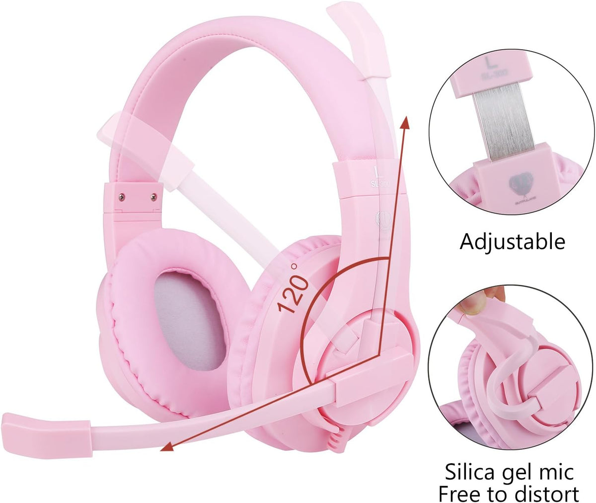 Kids Headphones for Online School, Children, Teens, Boys, Girls, 3.5mm Stereo Over-Ear Gaming Headphone with Microphone and Volume Control for PS4, PS5, New Xbox One（Pink）