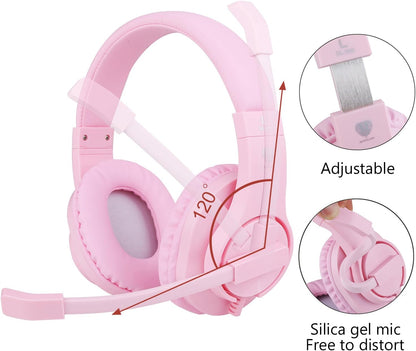 Kids Headphones for Online School, Children, Teens, Boys, Girls, 3.5mm Stereo Over-Ear Gaming Headphone with Microphone and Volume Control for PS4, PS5, New Xbox One（Pink）
