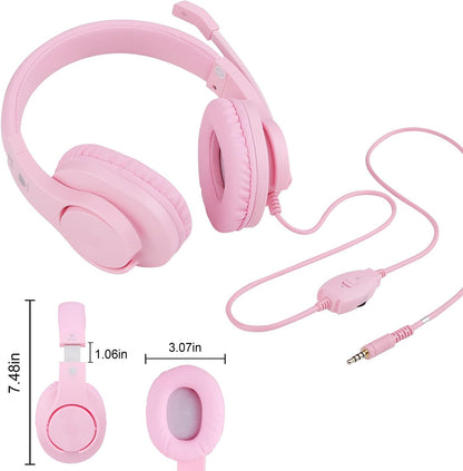 Kids Headphones for Online School, Children, Teens, Boys, Girls, 3.5mm Stereo Over-Ear Gaming Headphone with Microphone and Volume Control for PS4, PS5, New Xbox One（Pink）