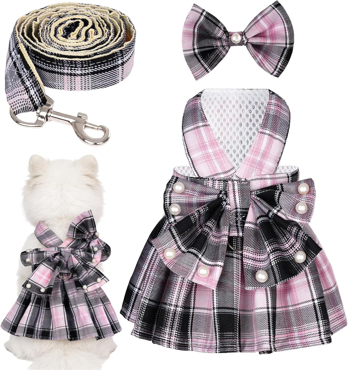 Dog Plaid Dress Harness and Leash Set with Pearls Bow Adjustable Puppy Dress Mesh Vest Bow Knot Pet Clothes for Cute Small Girl Dog Cat