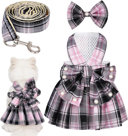 Dog Plaid Dress Harness and Leash Set with Pearls Bow Adjustable Puppy Dress Mesh Vest Bow Knot Pet Clothes for Cute Small Girl Dog Cat