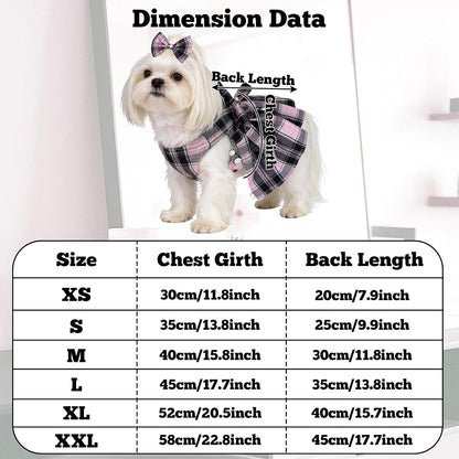 Dog Plaid Dress Harness and Leash Set with Pearls Bow Adjustable Puppy Dress Mesh Vest Bow Knot Pet Clothes for Cute Small Girl Dog Cat