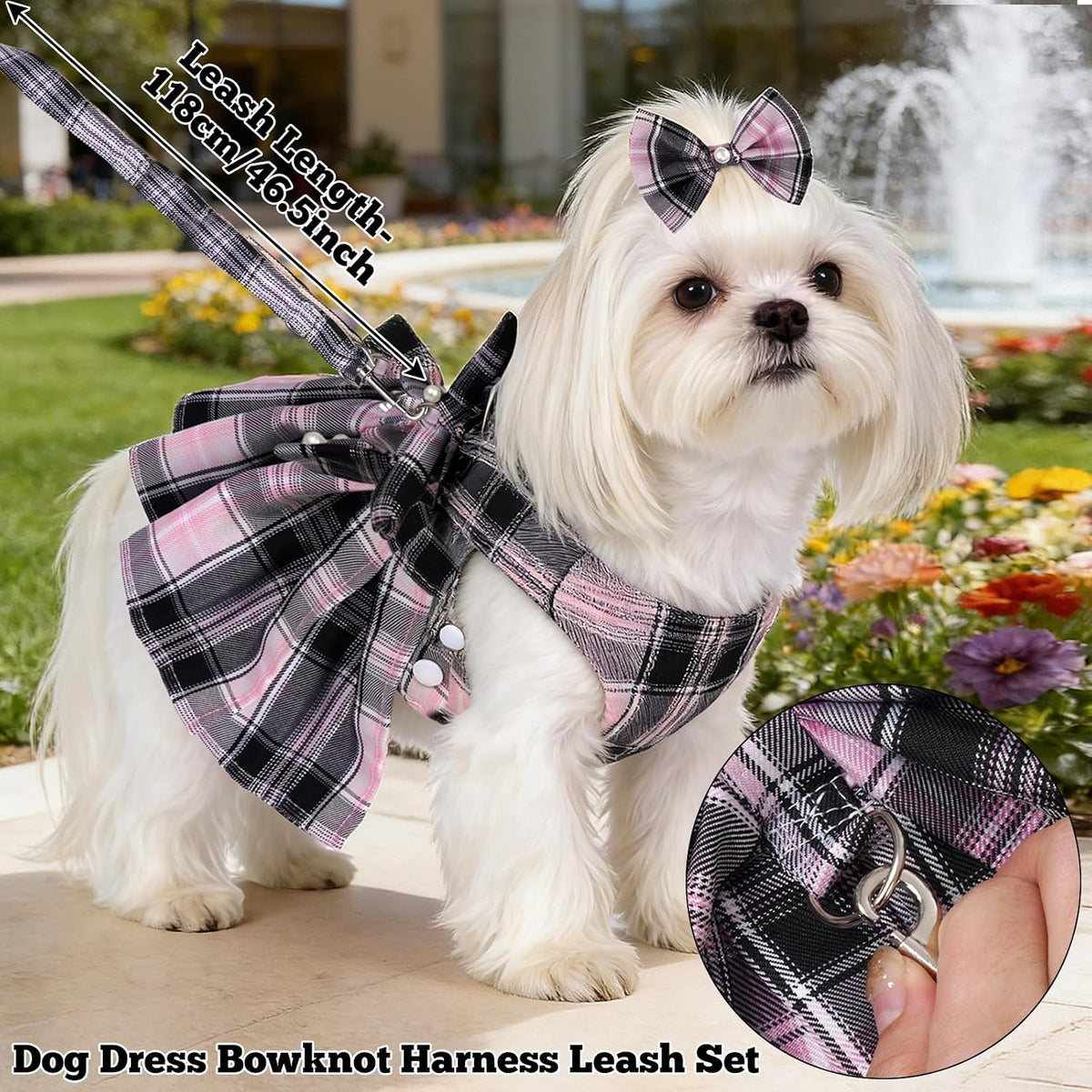 Dog Plaid Dress Harness and Leash Set with Pearls Bow Adjustable Puppy Dress Mesh Vest Bow Knot Pet Clothes for Cute Small Girl Dog Cat