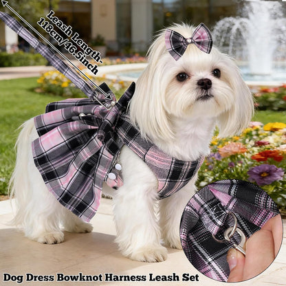 Dog Plaid Dress Harness and Leash Set with Pearls Bow Adjustable Puppy Dress Mesh Vest Bow Knot Pet Clothes for Cute Small Girl Dog Cat
