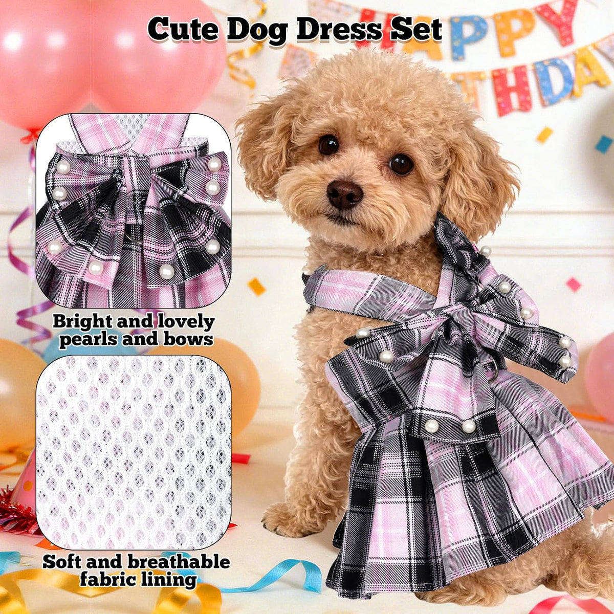 Dog Plaid Dress Harness and Leash Set with Pearls Bow Adjustable Puppy Dress Mesh Vest Bow Knot Pet Clothes for Cute Small Girl Dog Cat