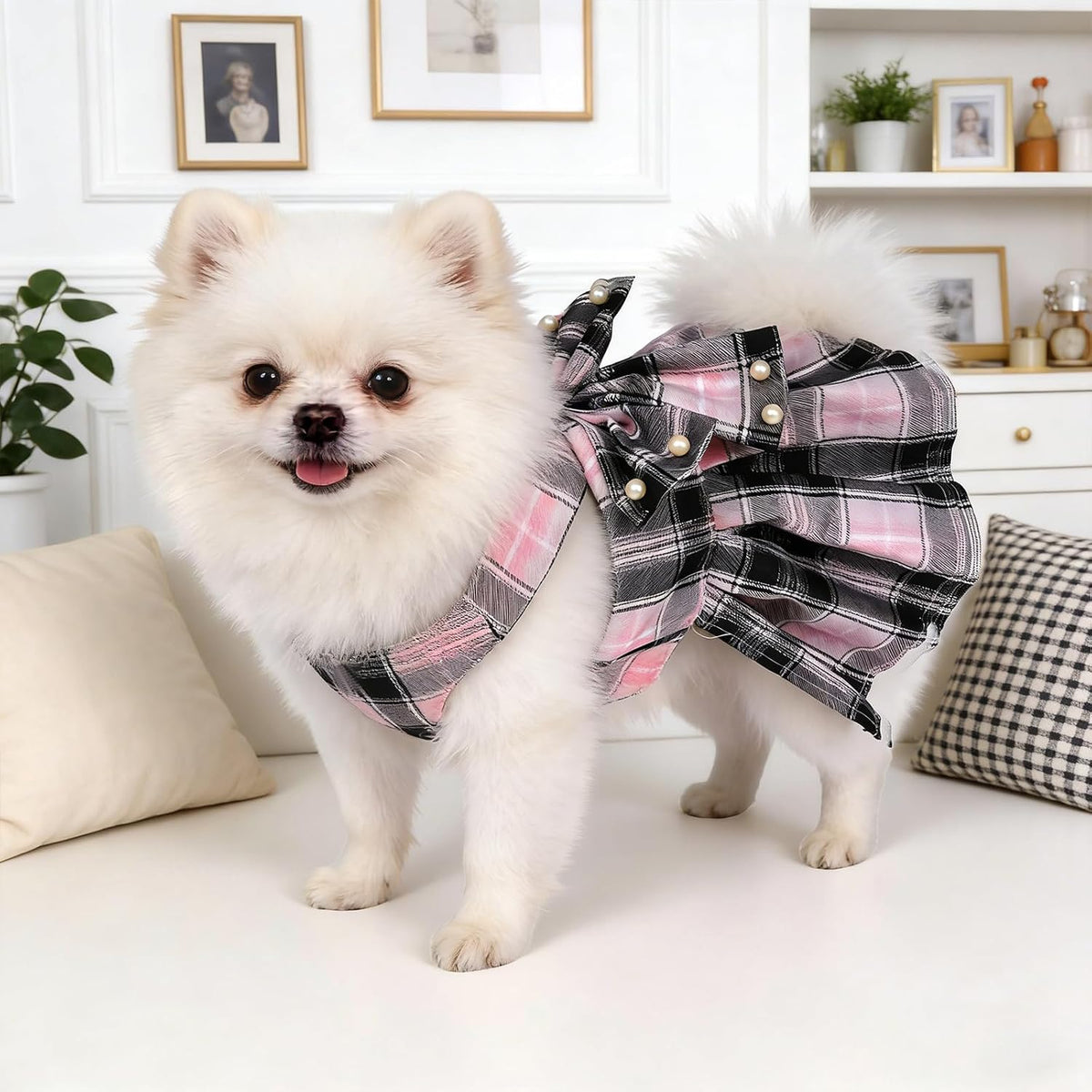 Dog Plaid Dress Harness and Leash Set with Pearls Bow Adjustable Puppy Dress Mesh Vest Bow Knot Pet Clothes for Cute Small Girl Dog Cat