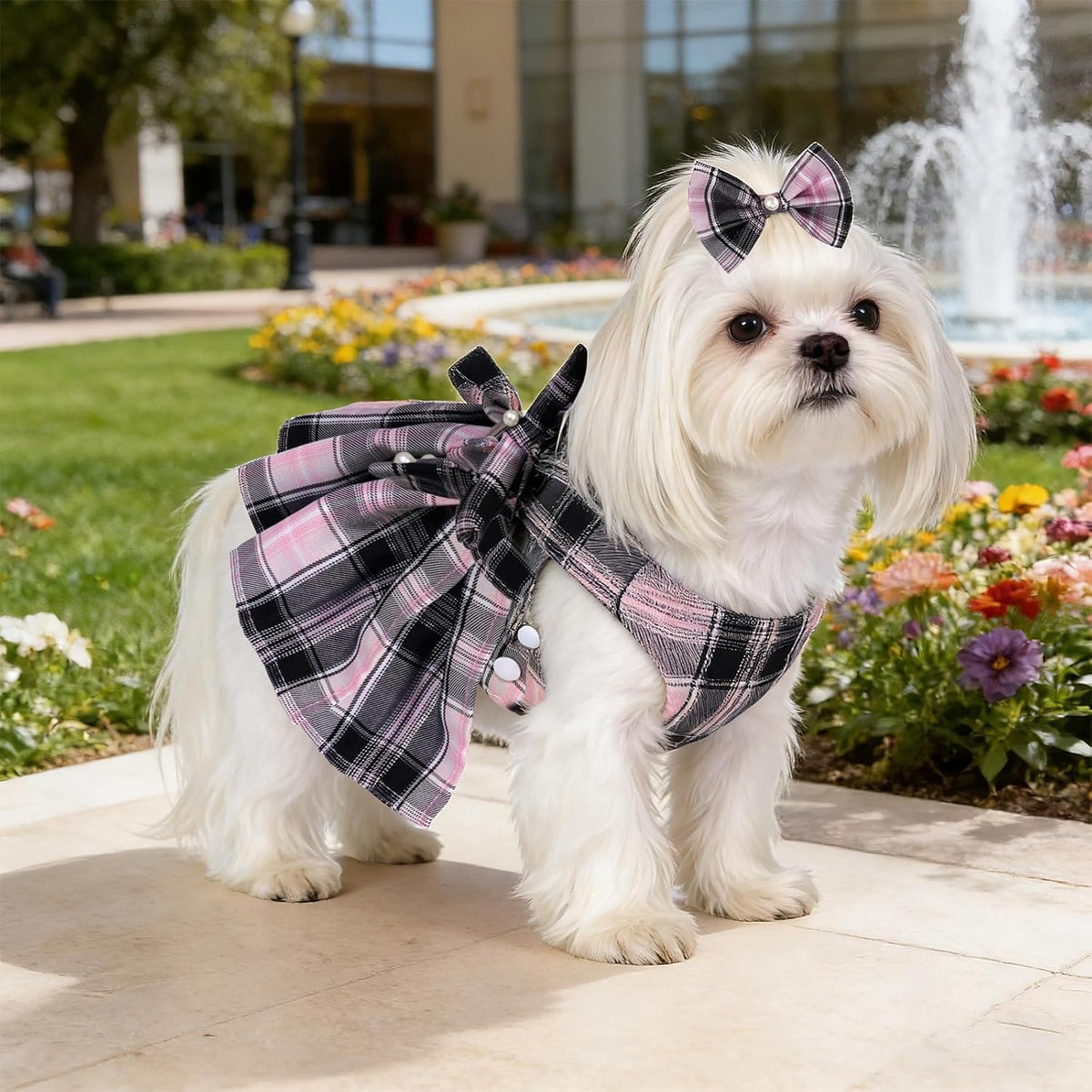 Dog Plaid Dress Harness and Leash Set with Pearls Bow Adjustable Puppy Dress Mesh Vest Bow Knot Pet Clothes for Cute Small Girl Dog Cat
