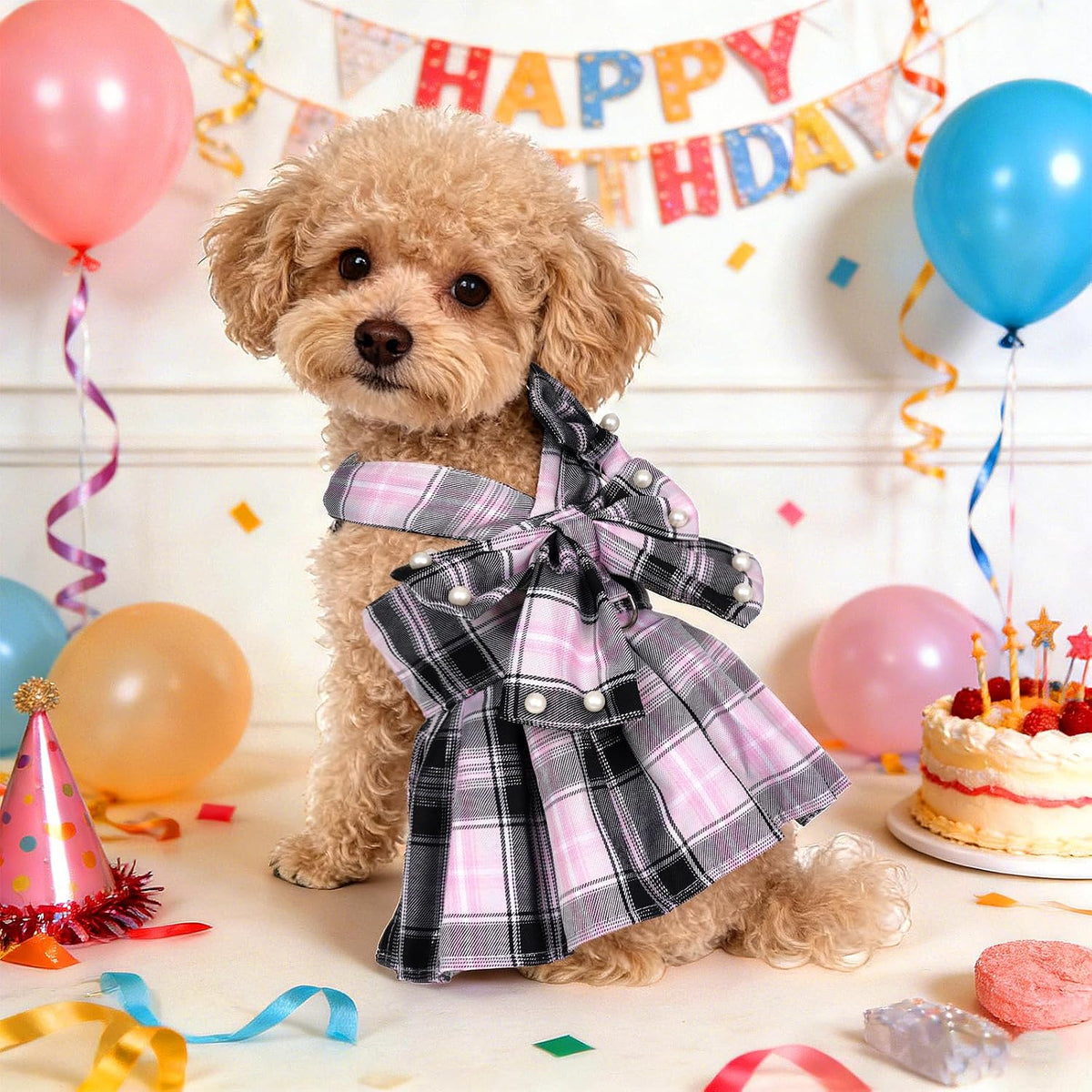 Dog Plaid Dress Harness and Leash Set with Pearls Bow Adjustable Puppy Dress Mesh Vest Bow Knot Pet Clothes for Cute Small Girl Dog Cat
