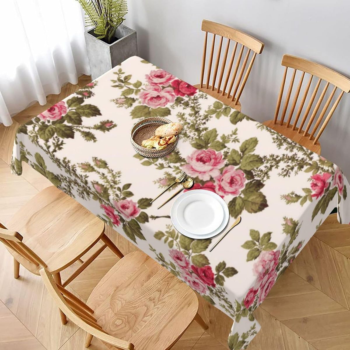 Elegant Vintage Pink Roses-Buff Tablecloth 60 x 90 Inch Washable Polyester Rectangle Table Cover for Party Wedding Picnic Dining