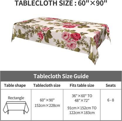 Elegant Vintage Pink Roses-Buff Tablecloth 60 x 90 Inch Washable Polyester Rectangle Table Cover for Party Wedding Picnic Dining