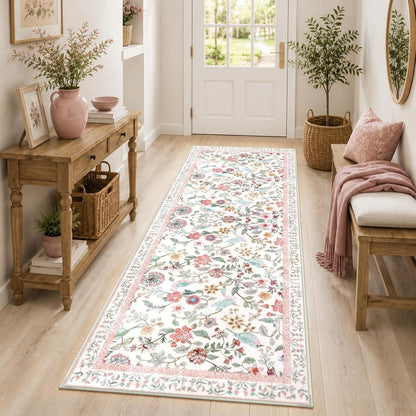 Floral Washable Runner Rug, 2x6 Pink Rug Runners for Hallways Non-Slip, Soft Low Pile Flower Birds Long Bathroom Mat Botanical Throw Carpet for Kitchen Laundry Entryway Porch