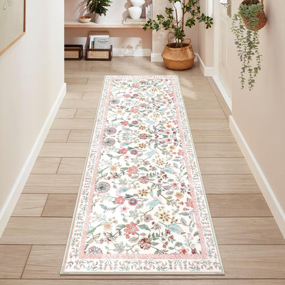 Floral Washable Runner Rug, 2x6 Pink Rug Runners for Hallways Non-Slip, Soft Low Pile Flower Birds Long Bathroom Mat Botanical Throw Carpet for Kitchen Laundry Entryway Porch