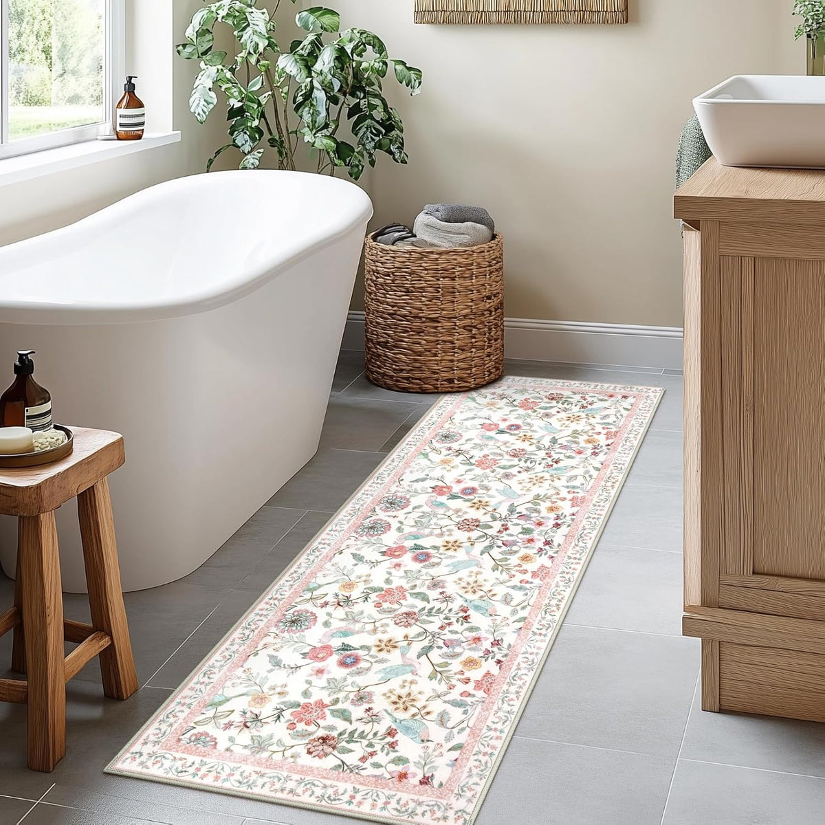 Floral Washable Runner Rug, 2x6 Pink Rug Runners for Hallways Non-Slip, Soft Low Pile Flower Birds Long Bathroom Mat Botanical Throw Carpet for Kitchen Laundry Entryway Porch