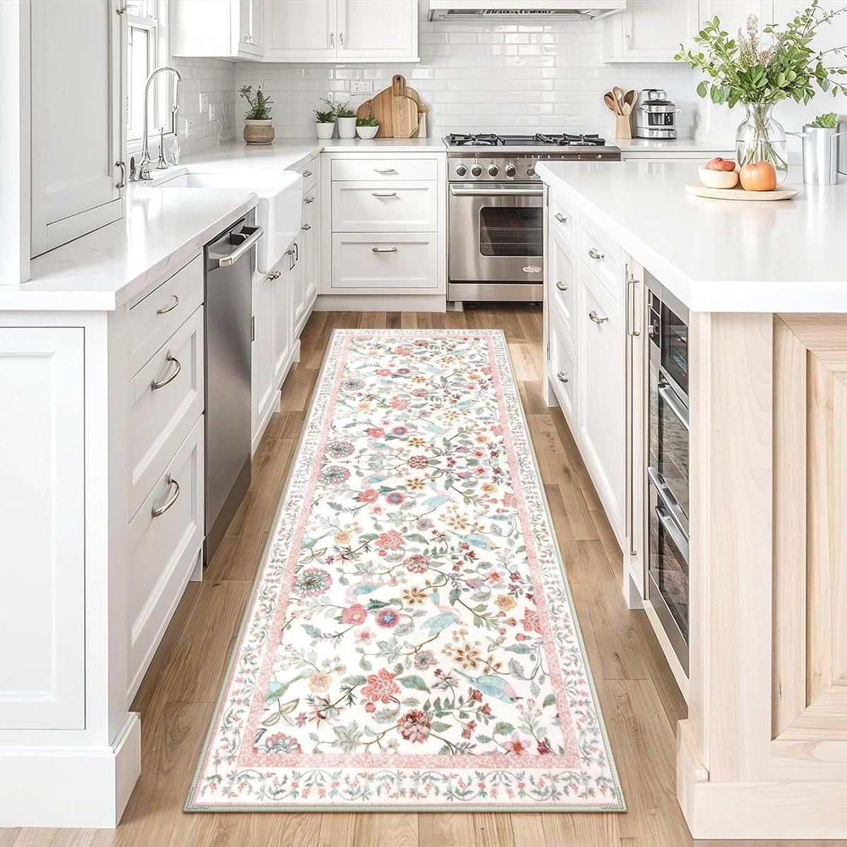 Floral Washable Runner Rug, 2x6 Pink Rug Runners for Hallways Non-Slip, Soft Low Pile Flower Birds Long Bathroom Mat Botanical Throw Carpet for Kitchen Laundry Entryway Porch