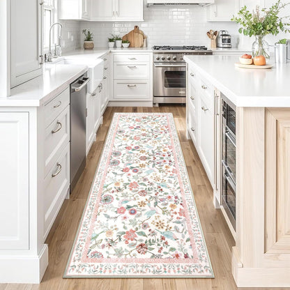 Floral Washable Runner Rug, 2x6 Pink Rug Runners for Hallways Non-Slip, Soft Low Pile Flower Birds Long Bathroom Mat Botanical Throw Carpet for Kitchen Laundry Entryway Porch