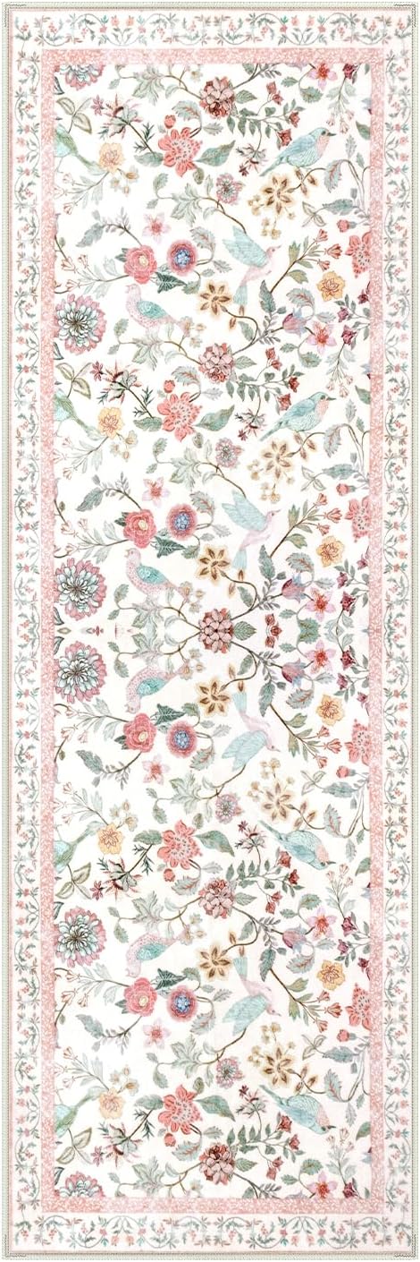 Floral Washable Runner Rug, 2x6 Pink Rug Runners for Hallways Non-Slip, Soft Low Pile Flower Birds Long Bathroom Mat Botanical Throw Carpet for Kitchen Laundry Entryway Porch