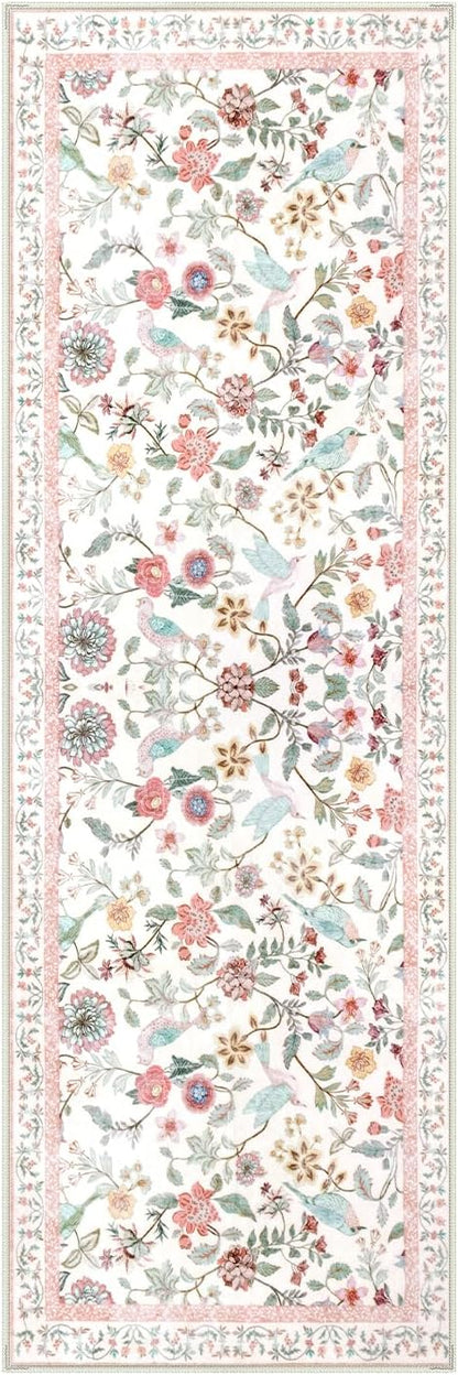 Floral Washable Runner Rug, 2x6 Pink Rug Runners for Hallways Non-Slip, Soft Low Pile Flower Birds Long Bathroom Mat Botanical Throw Carpet for Kitchen Laundry Entryway Porch