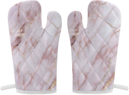Light Pink Marble Texture with Gold Veining Oven Mitts 2 Pcs, Heat Resistant Glove Trendy Non-Slip Baking Mitts Kitchen Accessories