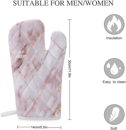 Light Pink Marble Texture with Gold Veining Oven Mitts 2 Pcs, Heat Resistant Glove Trendy Non-Slip Baking Mitts Kitchen Accessories
