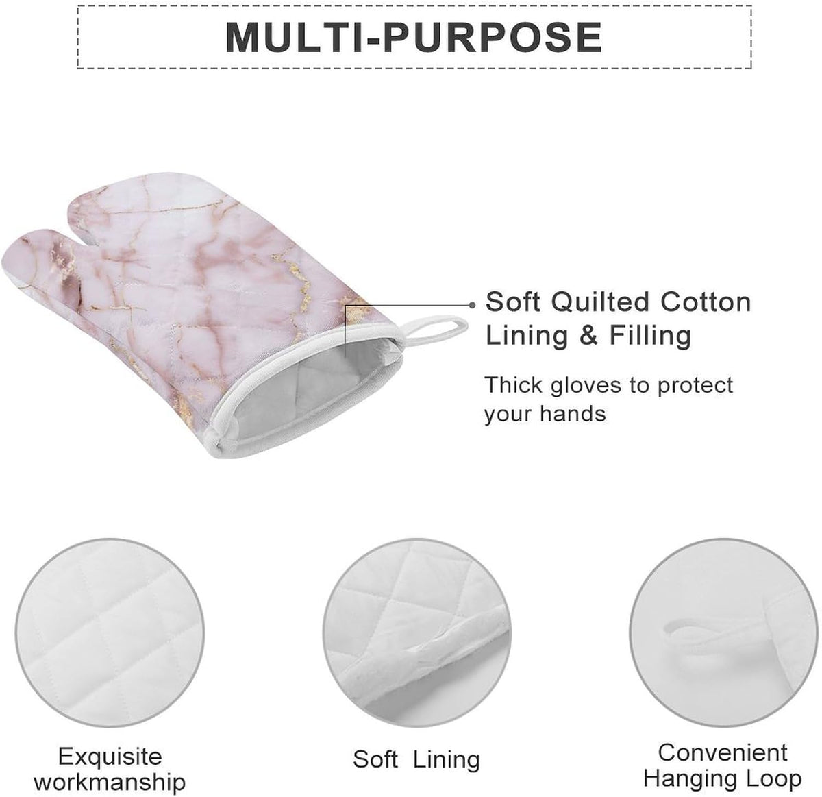 Light Pink Marble Texture with Gold Veining Oven Mitts 2 Pcs, Heat Resistant Glove Trendy Non-Slip Baking Mitts Kitchen Accessories