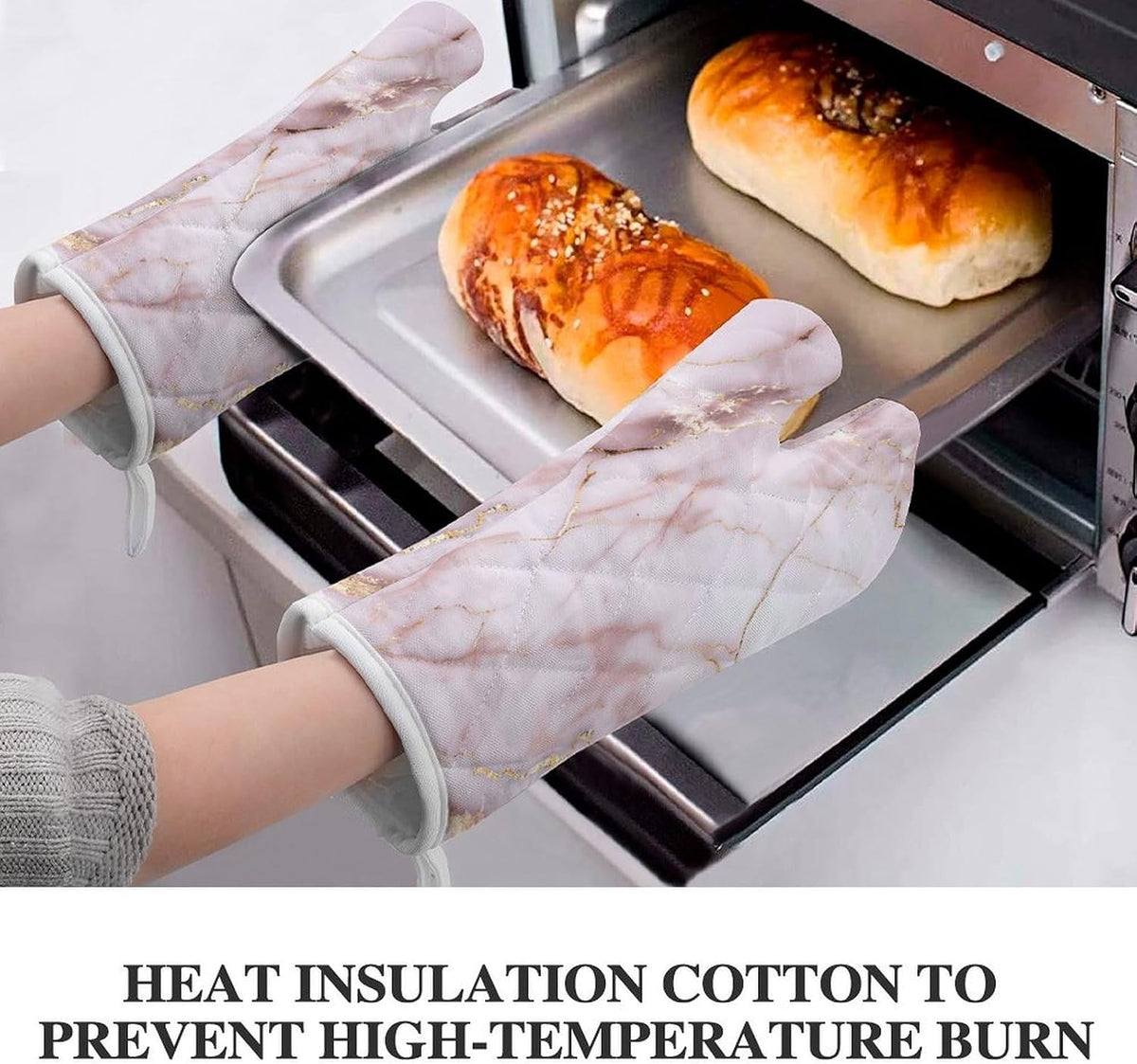 Light Pink Marble Texture with Gold Veining Oven Mitts 2 Pcs, Heat Resistant Glove Trendy Non-Slip Baking Mitts Kitchen Accessories