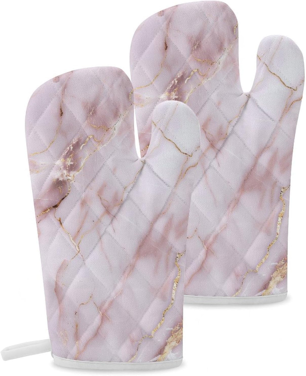 Light Pink Marble Texture with Gold Veining Oven Mitts 2 Pcs, Heat Resistant Glove Trendy Non-Slip Baking Mitts Kitchen Accessories