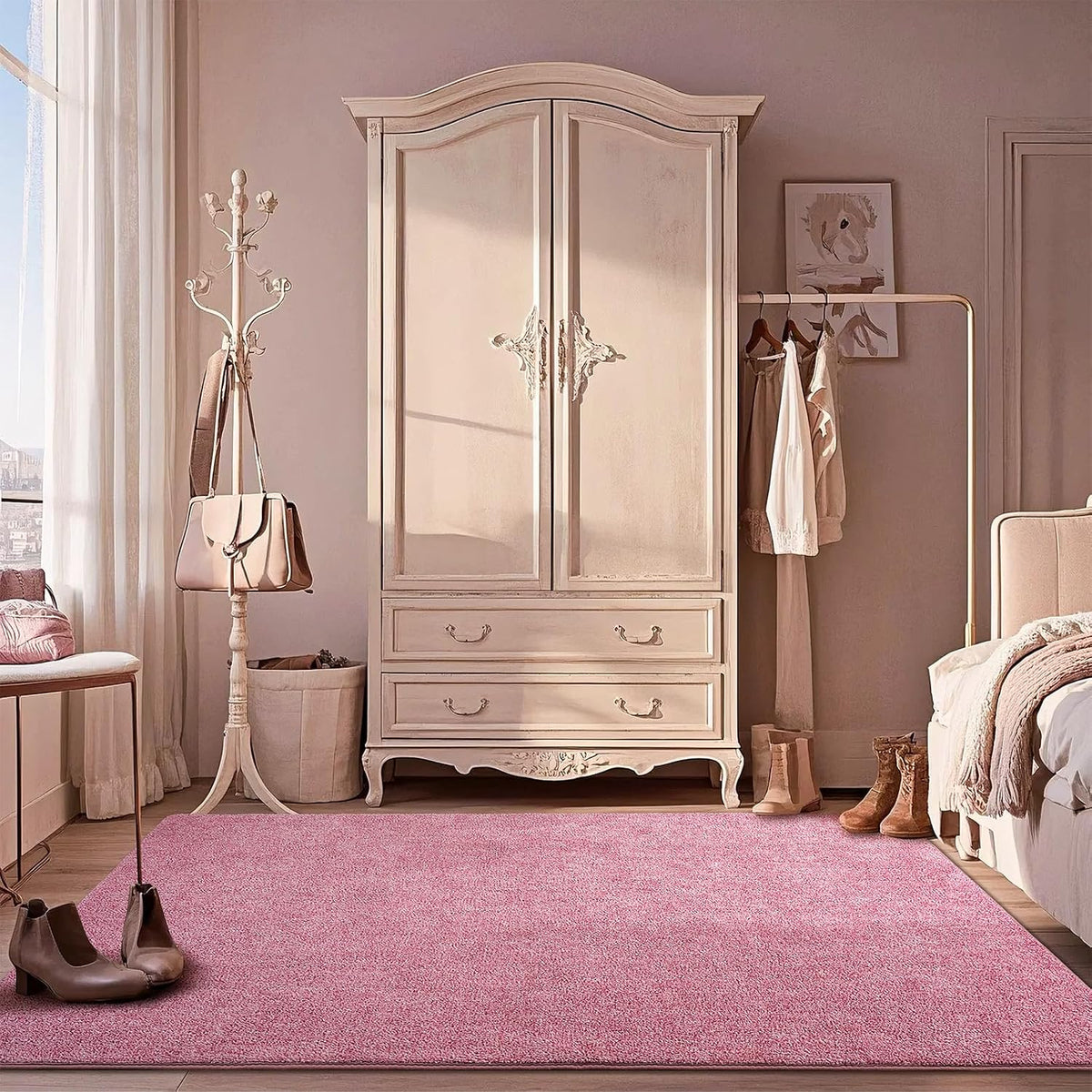 4x6 Pink Area Rug for Girls Bedroom Bedside Dorm, Washable Memory Foam Carpet, Non-Slip Fluffy Nursery Rugs for Living Room Office Entryway Hallway Home Room Decor, Pink and White
