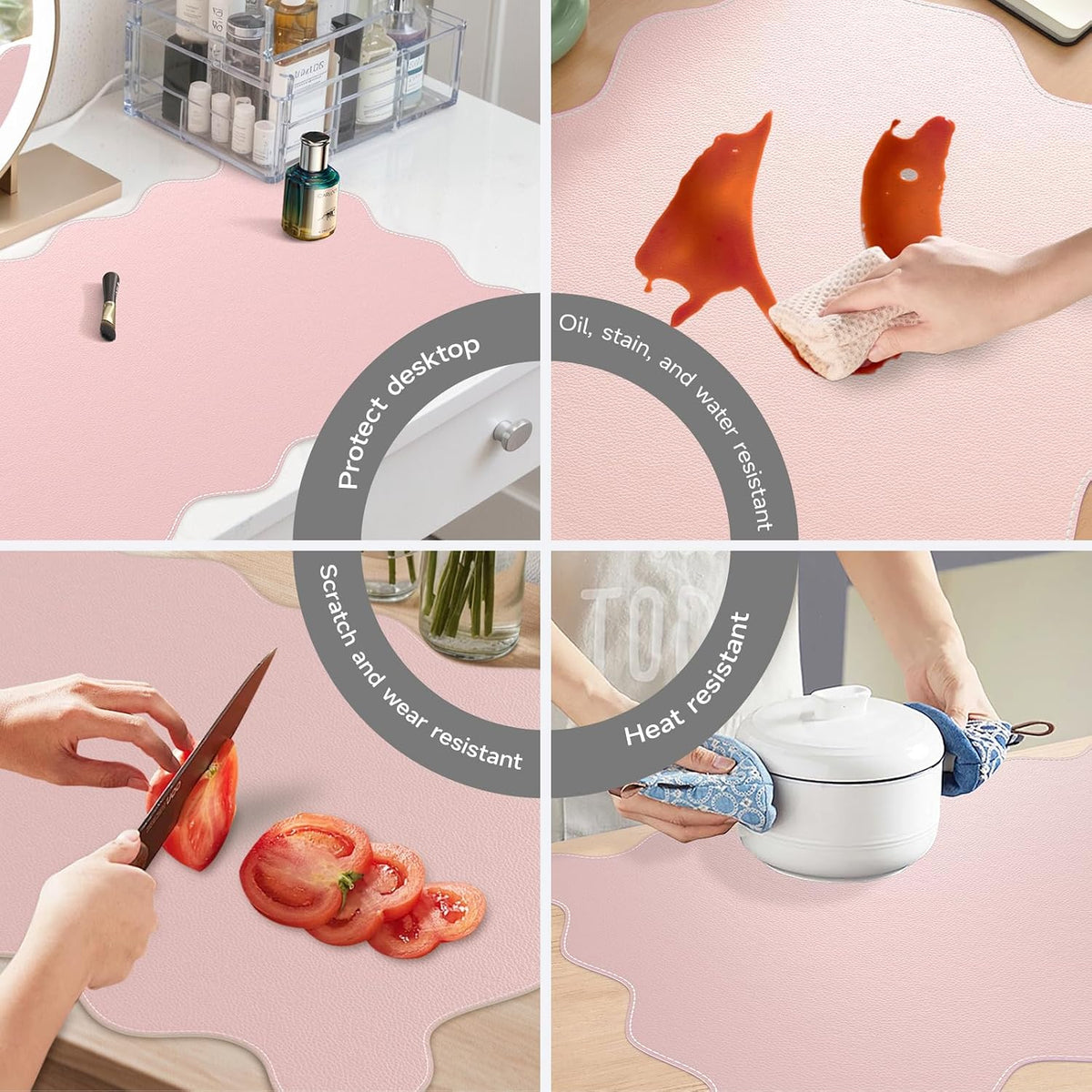 Pink Scalloped Table Mat, 35.4"x15.7" Desk Pad for Workspace