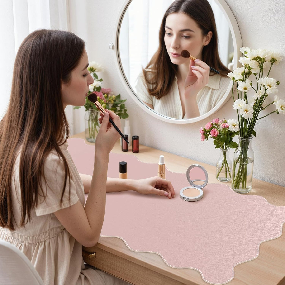 Pink Scalloped Table Mat, 35.4"x15.7" Desk Pad for Workspace