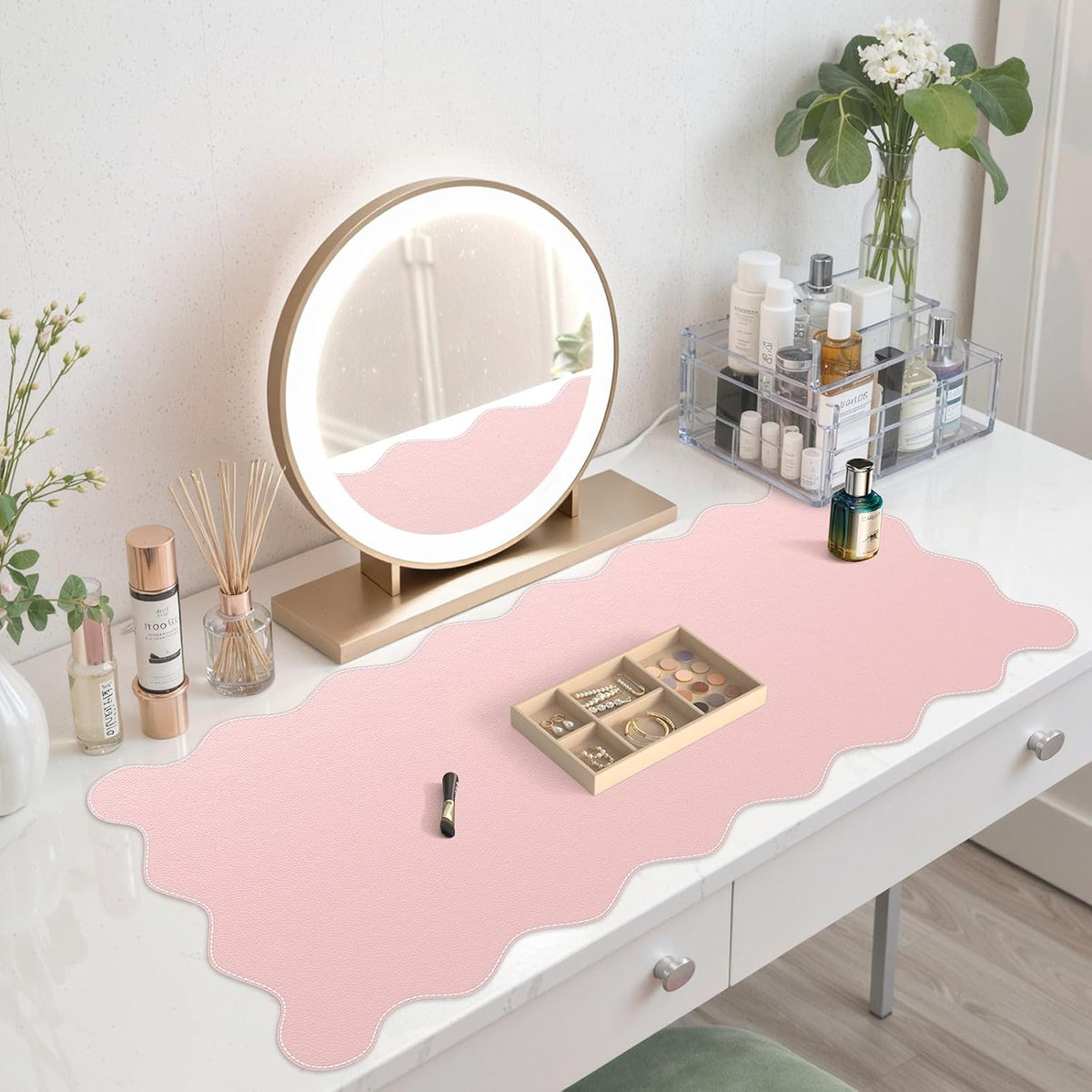 Pink Scalloped Table Mat, 35.4"x15.7" Desk Pad for Workspace