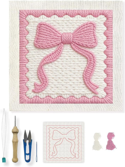 Pink Bow Punch Needle Embroidery Kit 9.4" DIY Punch Embroidery Kit for Adults Scalloped Bow Needlepoint Set Women Needles Stitching Kits with Instruction for DIY Craft Lovers Gift