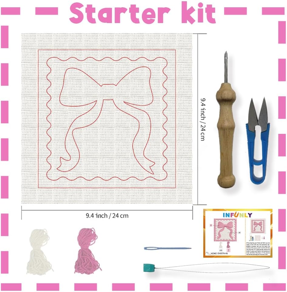 Pink Bow Punch Needle Embroidery Kit 9.4" DIY Punch Embroidery Kit for Adults Scalloped Bow Needlepoint Set Women Needles Stitching Kits with Instruction for DIY Craft Lovers Gift