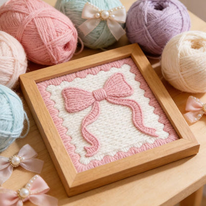 Pink Bow Punch Needle Embroidery Kit 9.4" DIY Punch Embroidery Kit for Adults Scalloped Bow Needlepoint Set Women Needles Stitching Kits with Instruction for DIY Craft Lovers Gift