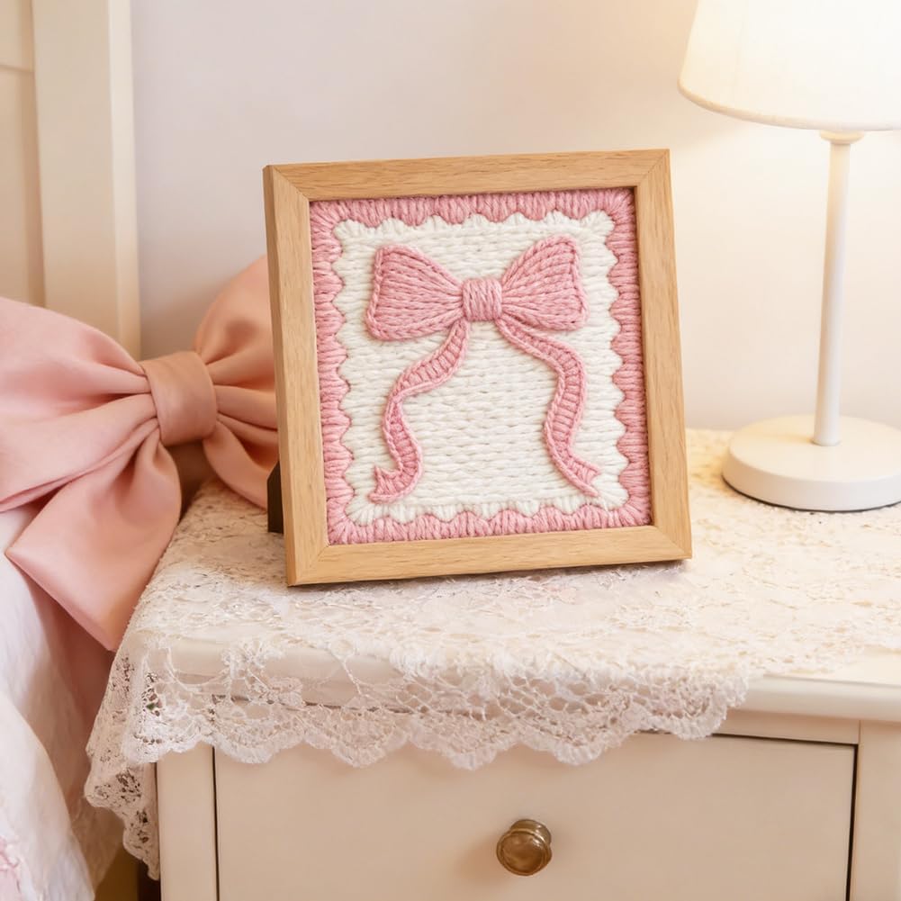 Pink Bow Punch Needle Embroidery Kit 9.4" DIY Punch Embroidery Kit for Adults Scalloped Bow Needlepoint Set Women Needles Stitching Kits with Instruction for DIY Craft Lovers Gift
