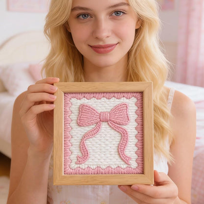 Pink Bow Punch Needle Embroidery Kit 9.4" DIY Punch Embroidery Kit for Adults Scalloped Bow Needlepoint Set Women Needles Stitching Kits with Instruction for DIY Craft Lovers Gift
