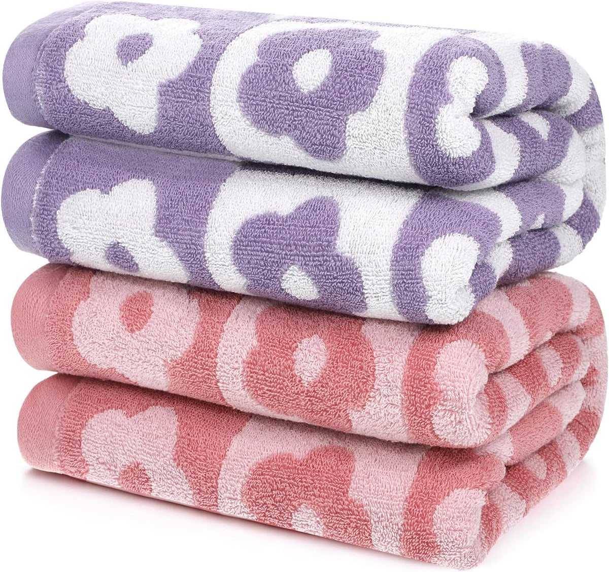 2 PCS Checkered Bath Towels Cute Cotton Floral Bath Towel Soft Absorbent Large Shower Towels for Bathroom, Pool, College Dorm, 27.5x55 Inches, Pink and Purple