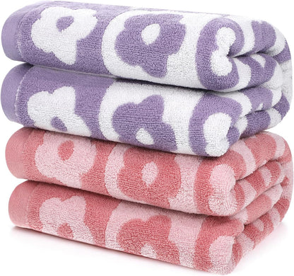 2 PCS Checkered Bath Towels Cute Cotton Floral Bath Towel Soft Absorbent Large Shower Towels for Bathroom, Pool, College Dorm, 27.5x55 Inches, Pink and Purple